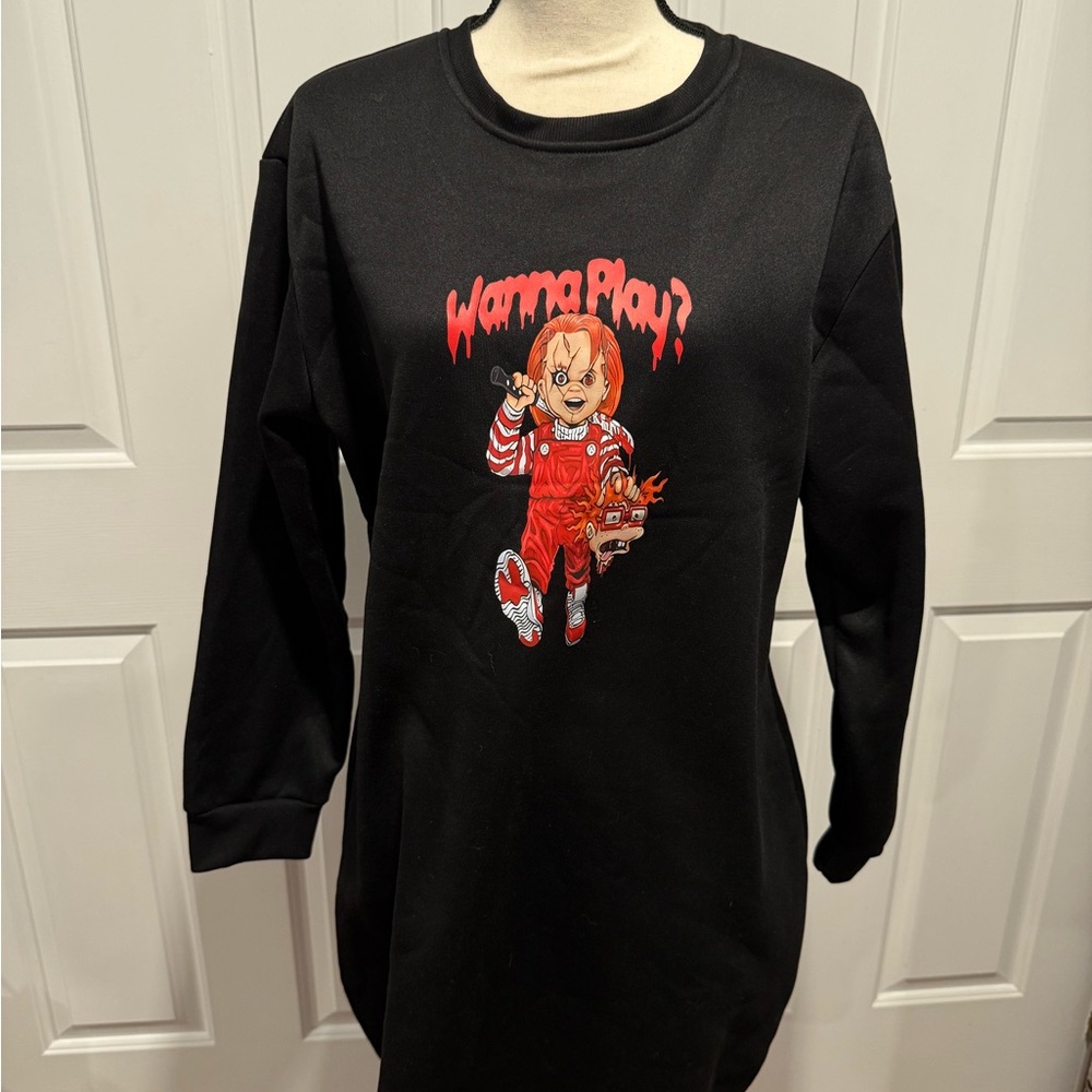 Black Horror Chuckie Wanna Play Sweater Dress with Graphic Design